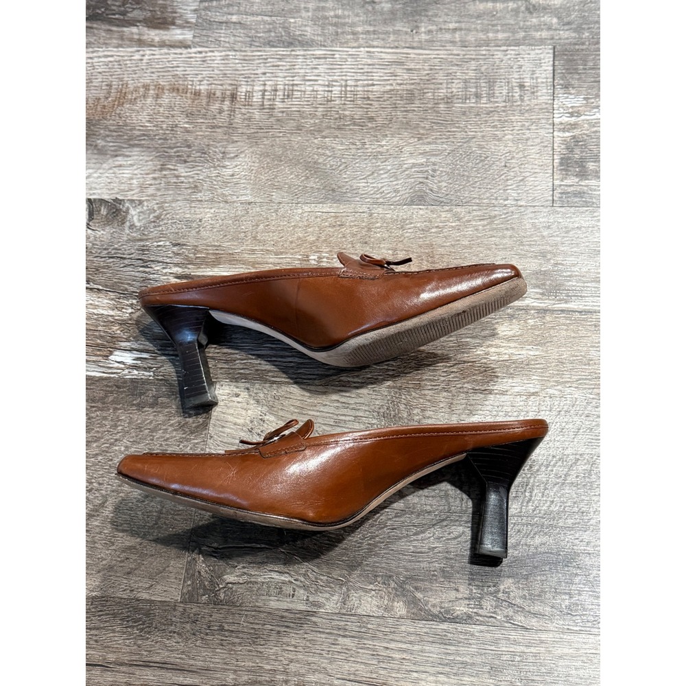 Antonio Melani Brown Leather Square Toe Loafer Mules Kitten Heel Bow Size 7.5M - Picture 6 of 7